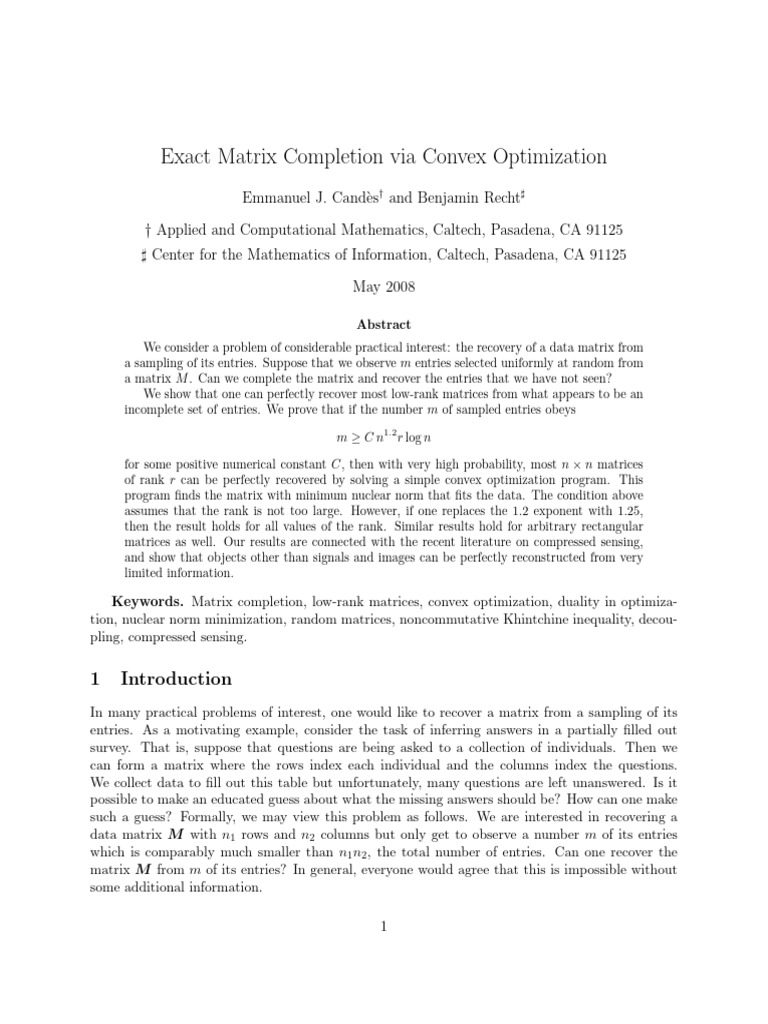 Matrix Completion Using Convex Optimization | PDF | Matrix (Mathematics ...
