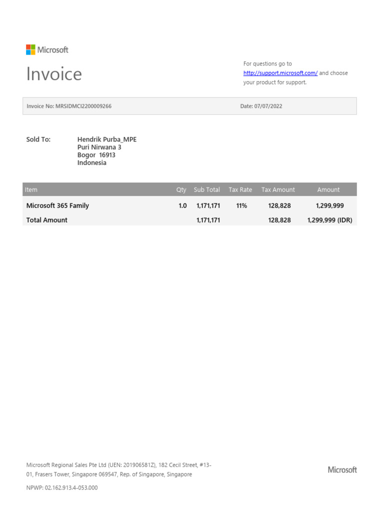 Microsoft 365 Family Invoice IDR 1,299,999 | PDF