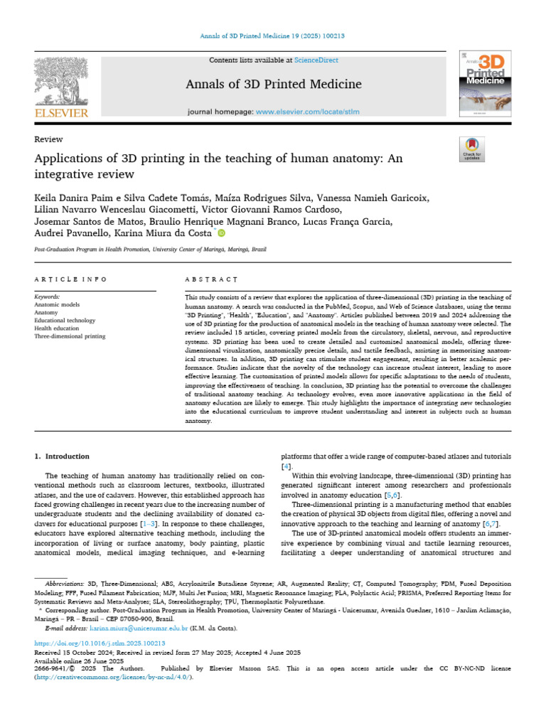 3D Printing in Anatomy Education Review | PDF | 3 D Printing | Anatomy