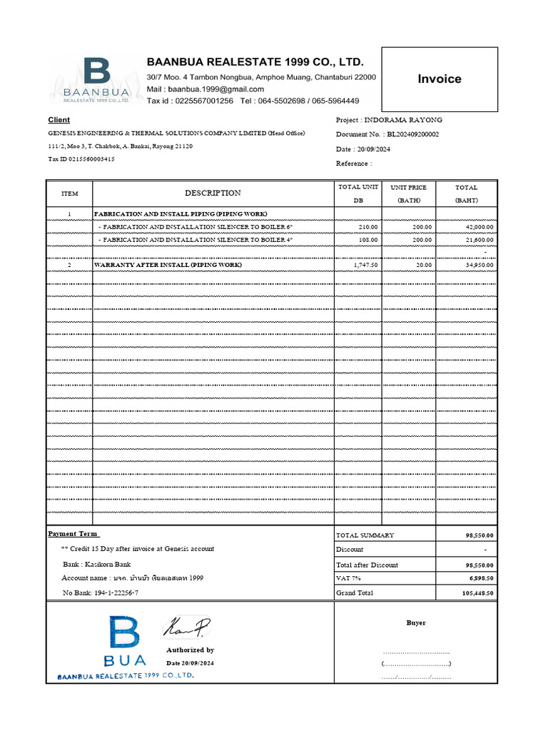 Piping Installation Invoice for Genesis | PDF