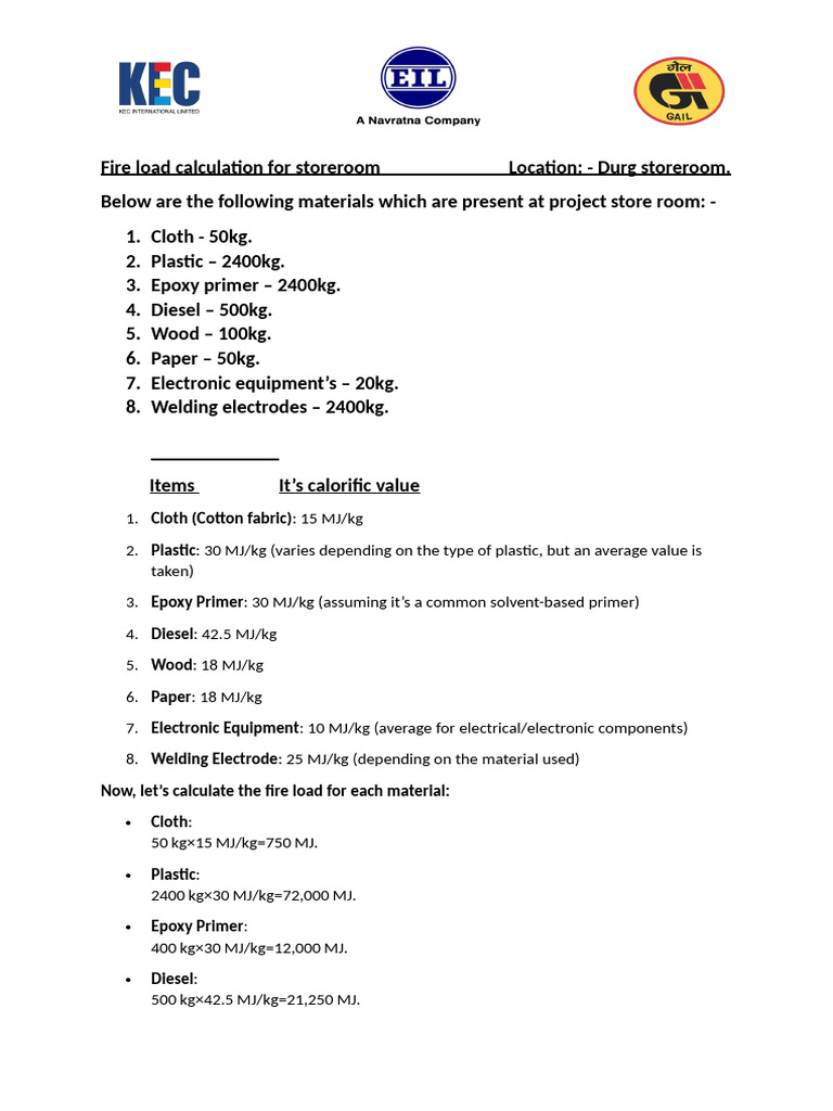 Fire Load Calculation for Durg Storeroom | PDF