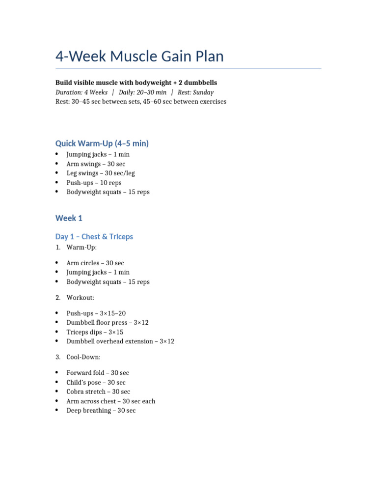 4-Week Muscle Gain Workout Plan | PDF | Physical Fitness | Physical ...