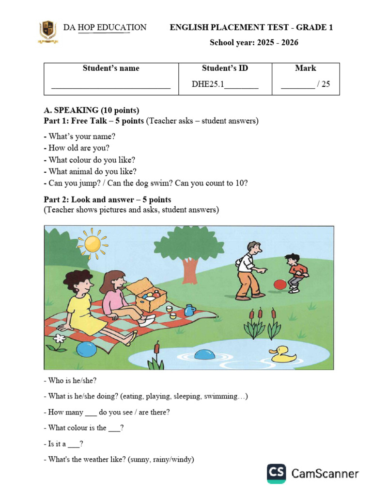 Grade 1 English Placement Test 2025 | PDF