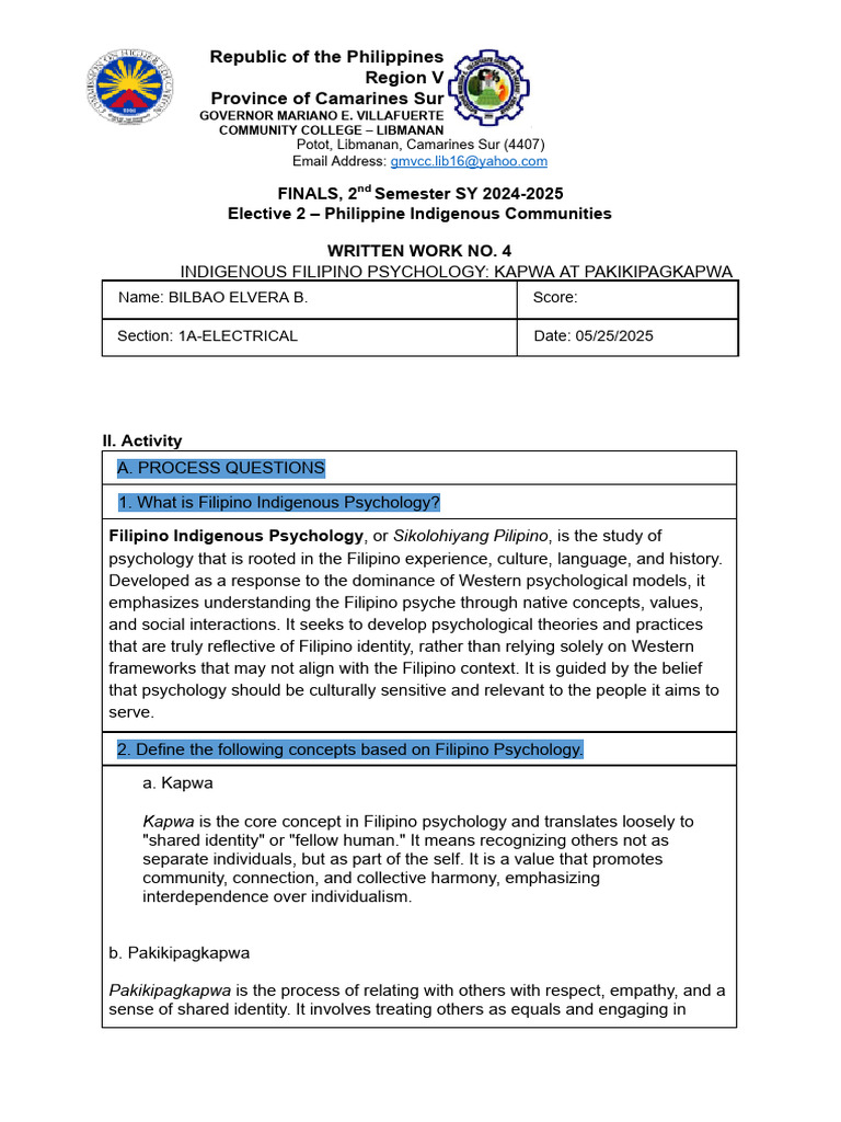 Finals - WW No.4 - INDIGENOUS FILIPINO PSYCHOLOGY - KAPWA AT ...