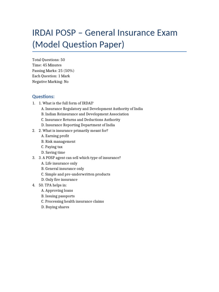 IRDAI POSP General Insurance Exam Guide | PDF