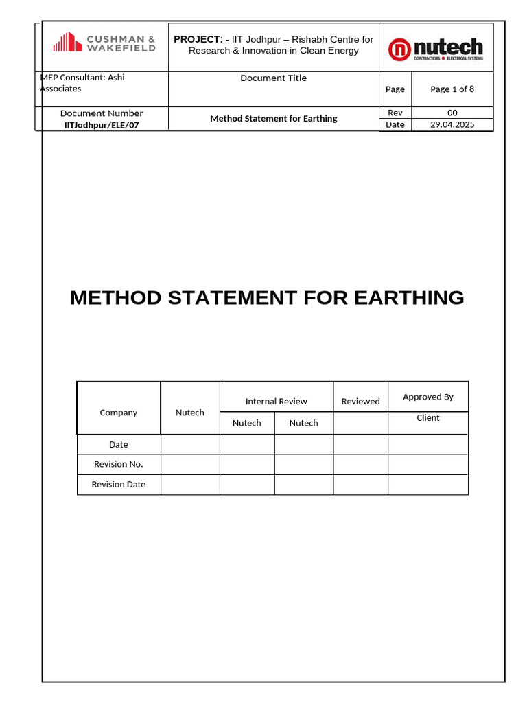 Method Statement for Earthing at IIT Jodhpur | PDF | Welding | Construction
