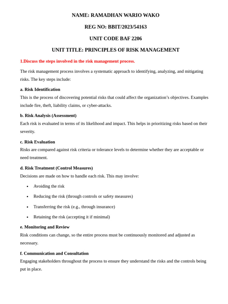 BAF 2206 Principles of Riskamanagemnt CAT ONE | PDF | Insurance | Risk