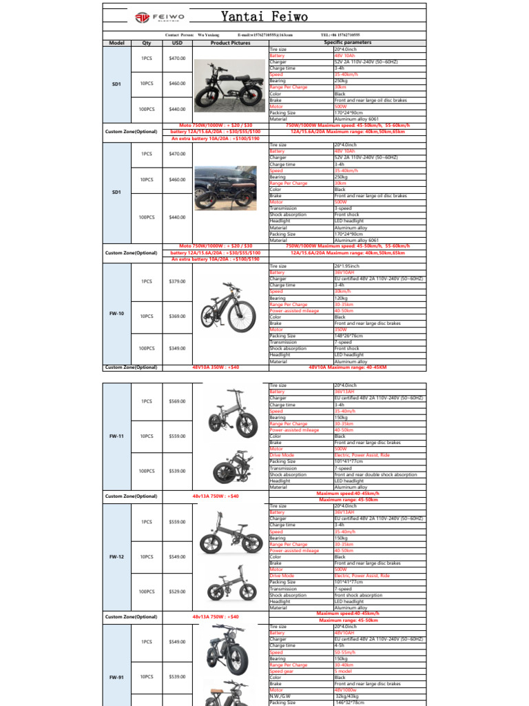 Electric Bike Specifications and Pricing | PDF | Brake | Automotive ...
