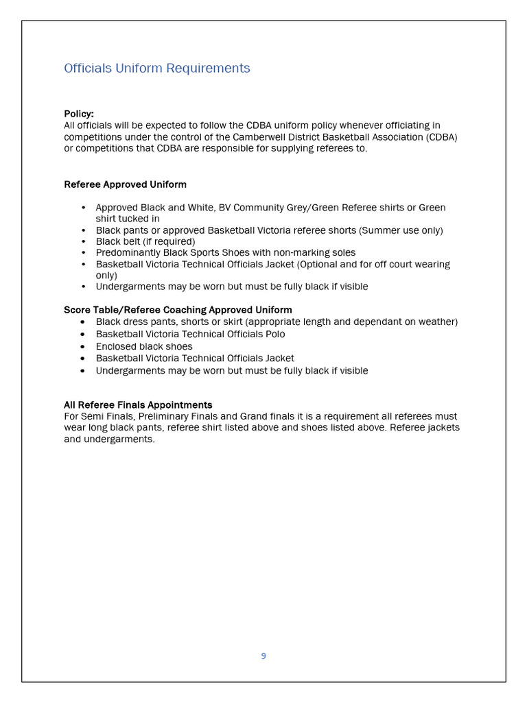 CDBA Referee Uniform Guidelines 2023 | PDF