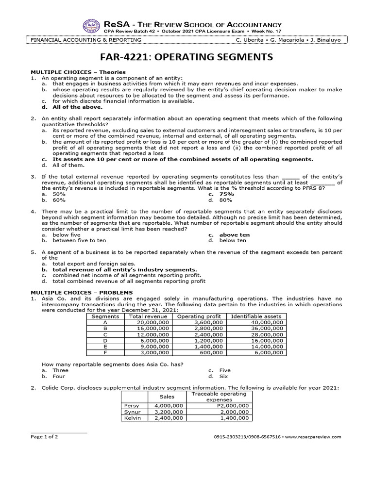 Operating Segments CPA Review Guide | PDF | Revenue | Expense