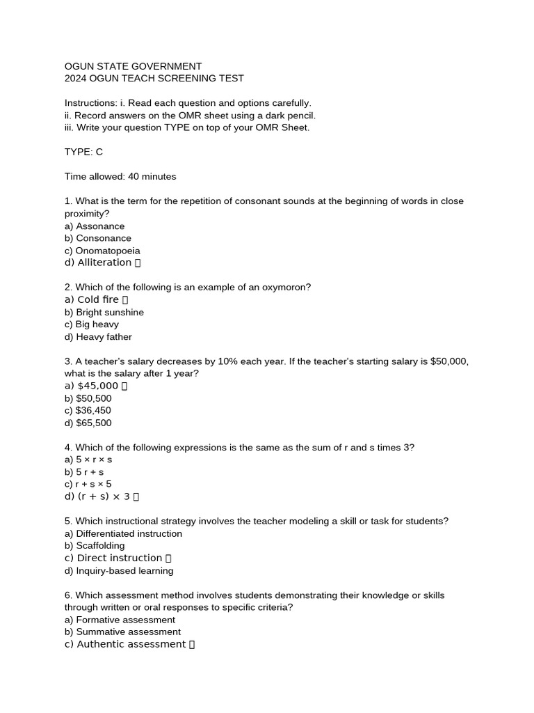 Ogun Teach 2024 Screening Test Guide | PDF | Educational Assessment ...