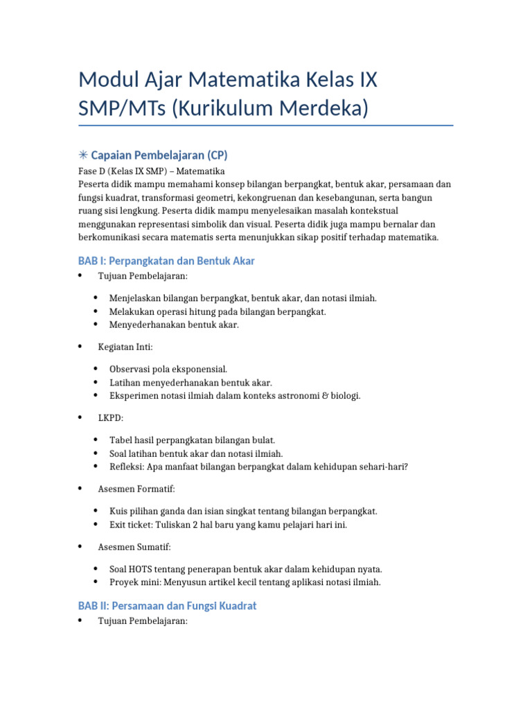 Modul Ajar Matematika Kelas 9 Merdeka | PDF
