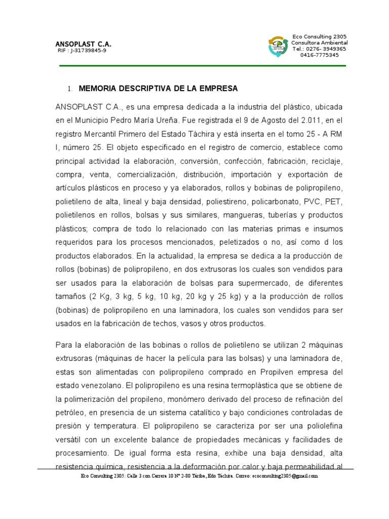 Formato de Memoria Descriptiva  Plástico  Polietileno