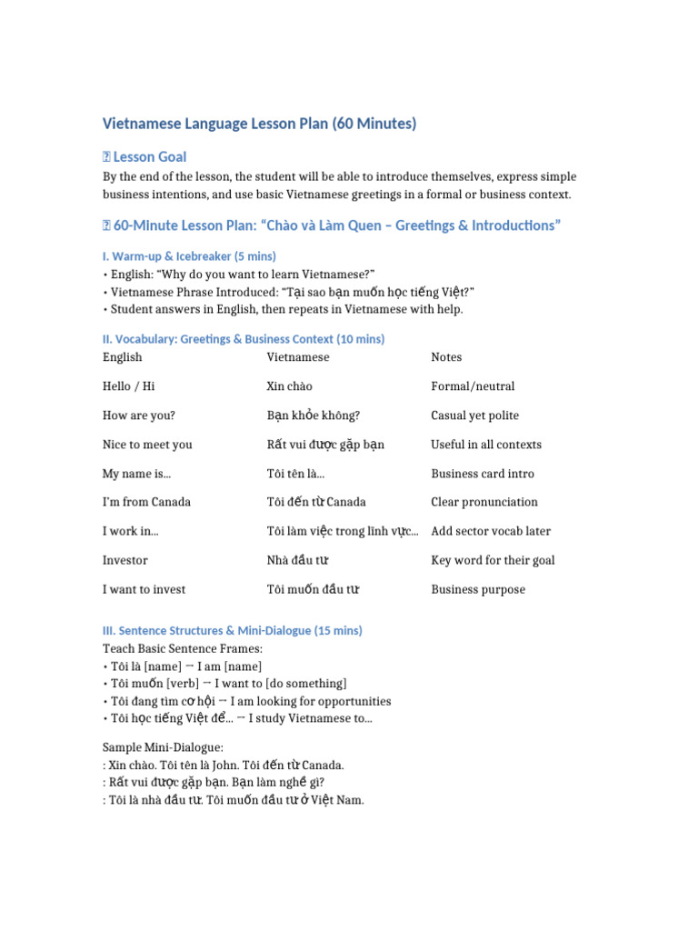 Vietnamese Lesson Plan Rehearsal | PDF