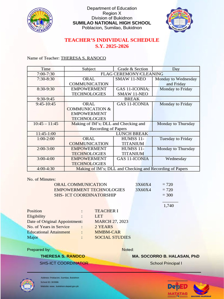 Teacher Schedule for SY 2025-2026 | PDF