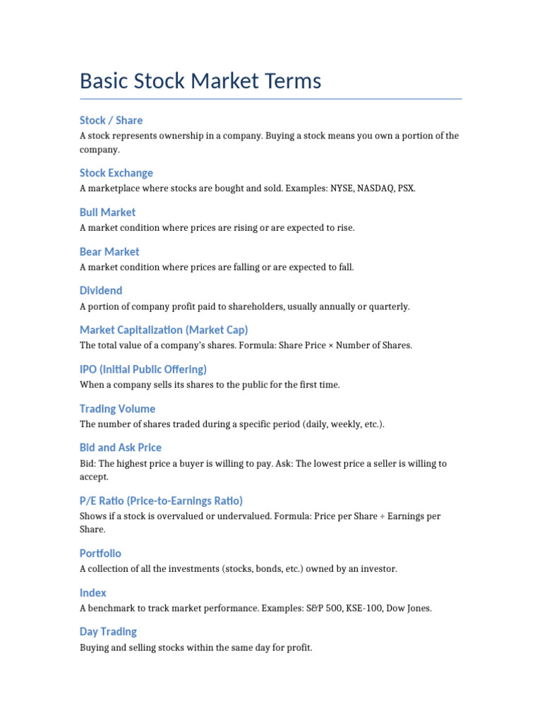Essential Stock Market Terms Explained | PDF | Stocks | Investing