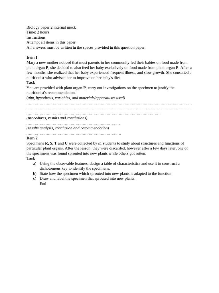 Biology Mock Paper 2 Internal | PDF