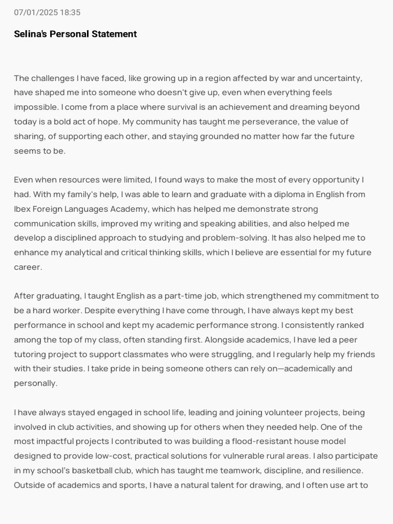 Selina's Inspiring Personal Statement | PDF | Science | Learning