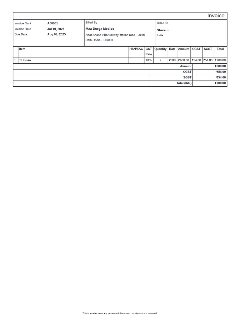 Invoice A00001 Maa Durga Medico Shivam | PDF