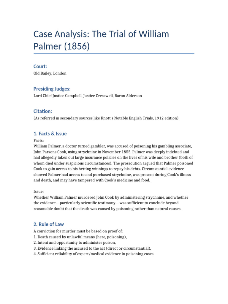 Palmer v. Cook: 1856 Poisoning Case Summary | PDF | Evidence (Law ...