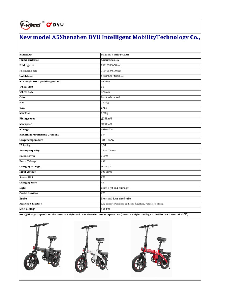 A5 Electric Bike Specifications | PDF
