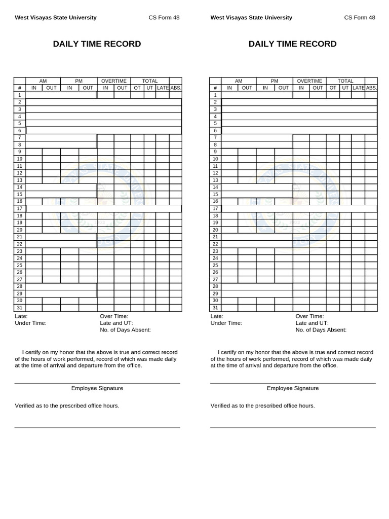 Daily Time Record for WVSU Employees | PDF | Working Time | Labor