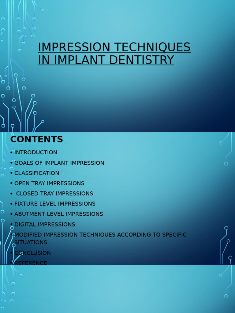 Implant Impression Techniques Overview | PDF | Dental Implant ...
