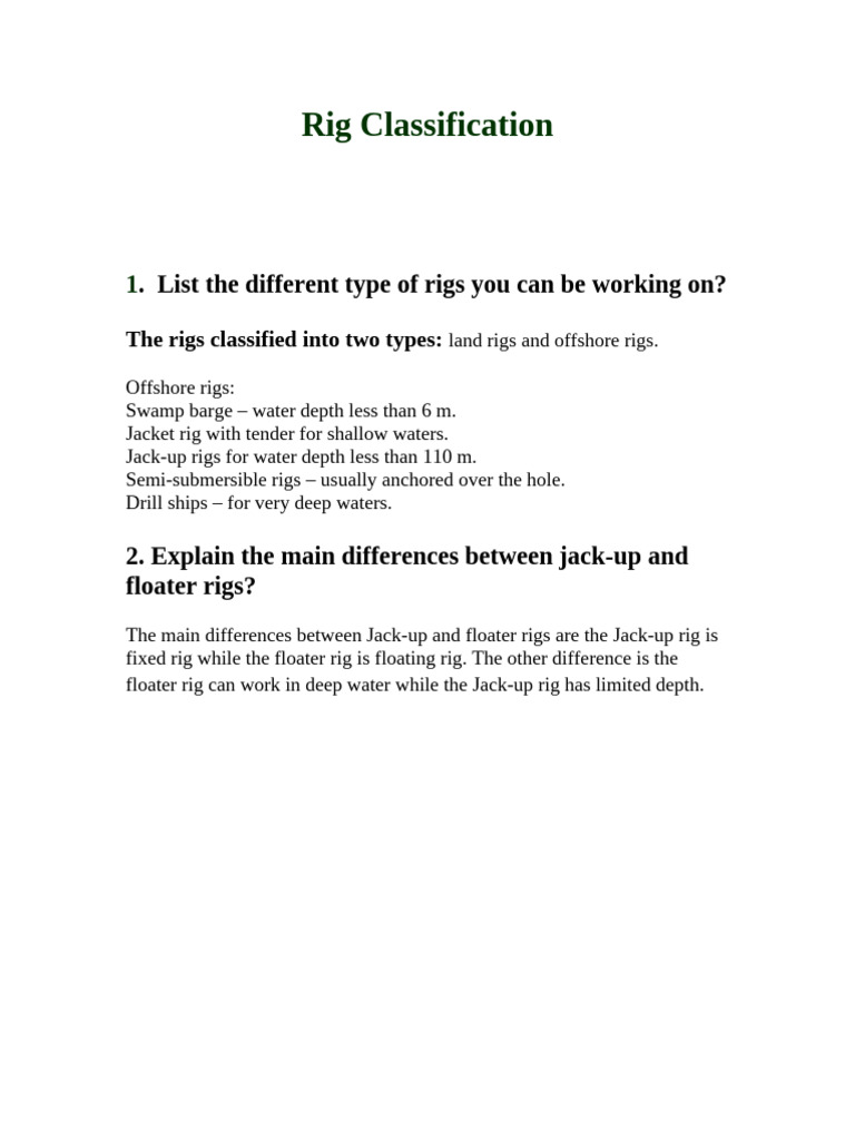 Offshore Rig Types and Depths | PDF