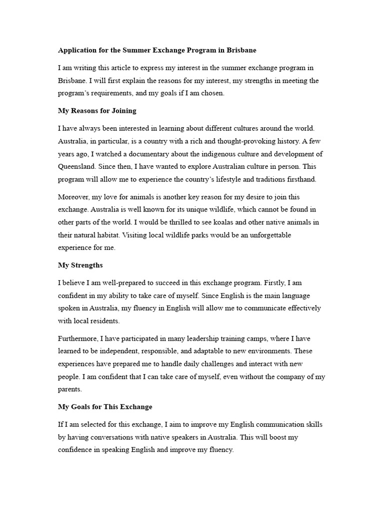 Summer Exchange Program Application: Brisbane | PDF