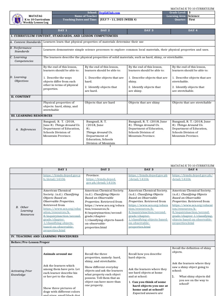 Properties of Hard, Shiny, Stretchable Objects | PDF | Curriculum ...