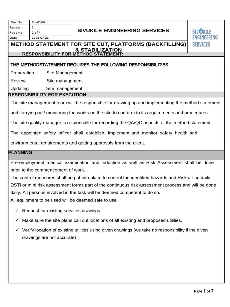 Site Cut and Backfilling Method Statement | PDF | Road | Safety