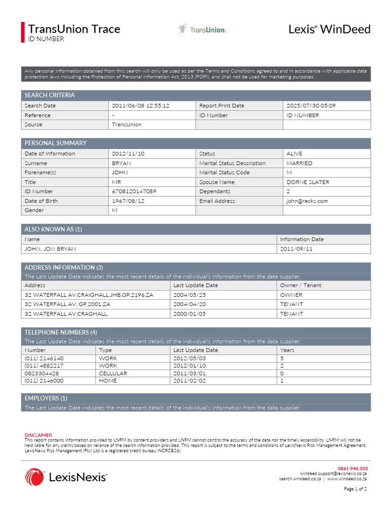 TransUnion Trace Report Summary | PDF