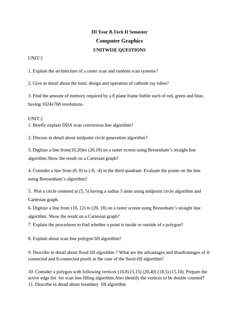 Computer Graphics Unit-wise Questions | PDF | Matrix (Mathematics ...