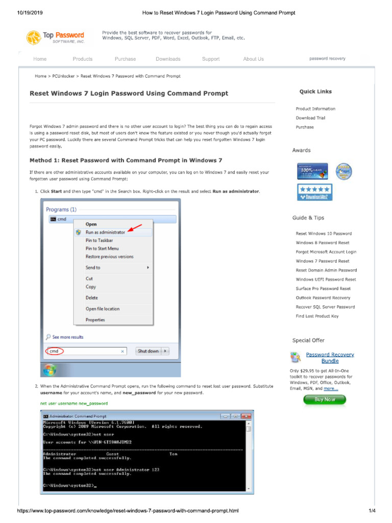 Reset Windows 7 Password With Command Prompt | PDF