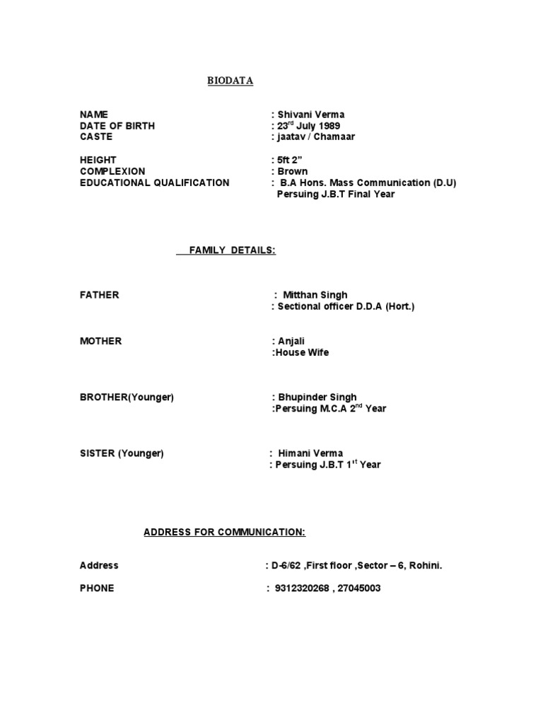 Biodata Format for Marriage
