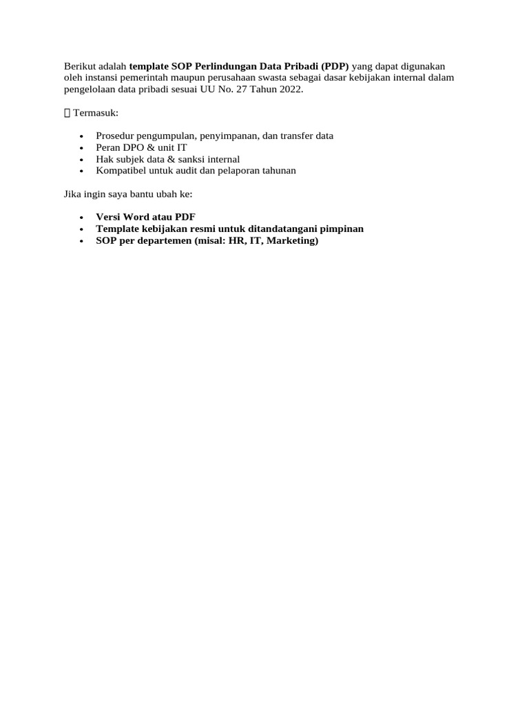 Template SOP Perlindungan Data Pribadi | PDF