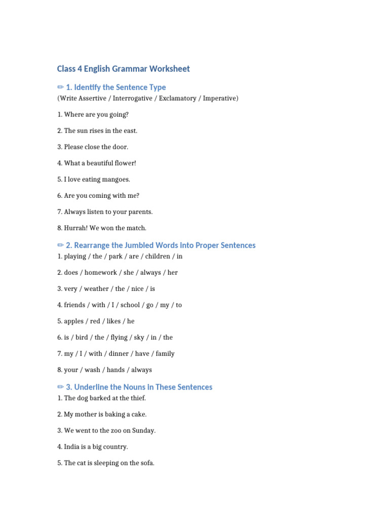Class 4 English Grammar Worksheet | PDF