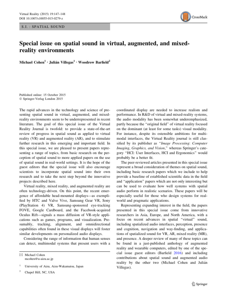 Advances in Spatial Sound for VR/AR | PDF | Virtual Reality | Augmented ...