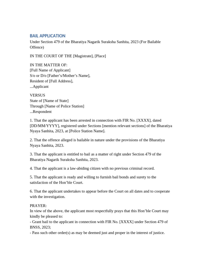 Bail Application Under Section 479 BNSS | PDF | Bail | Legal Action