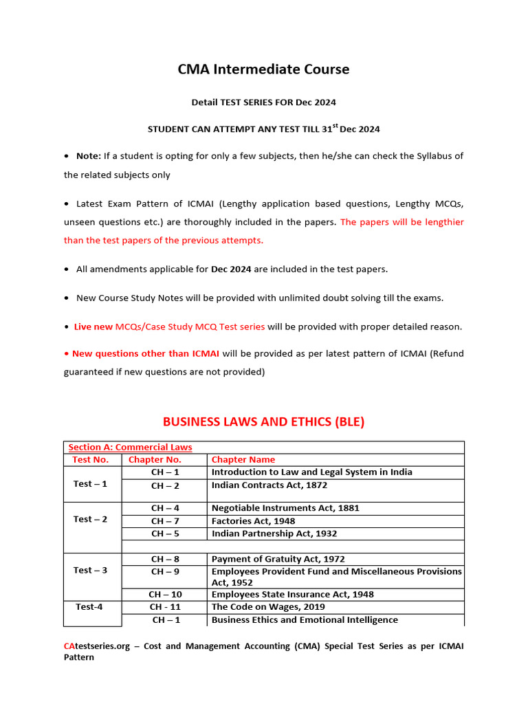 CMA Inter Test Series for Dec 2024 | PDF | Management Accounting | Taxes
