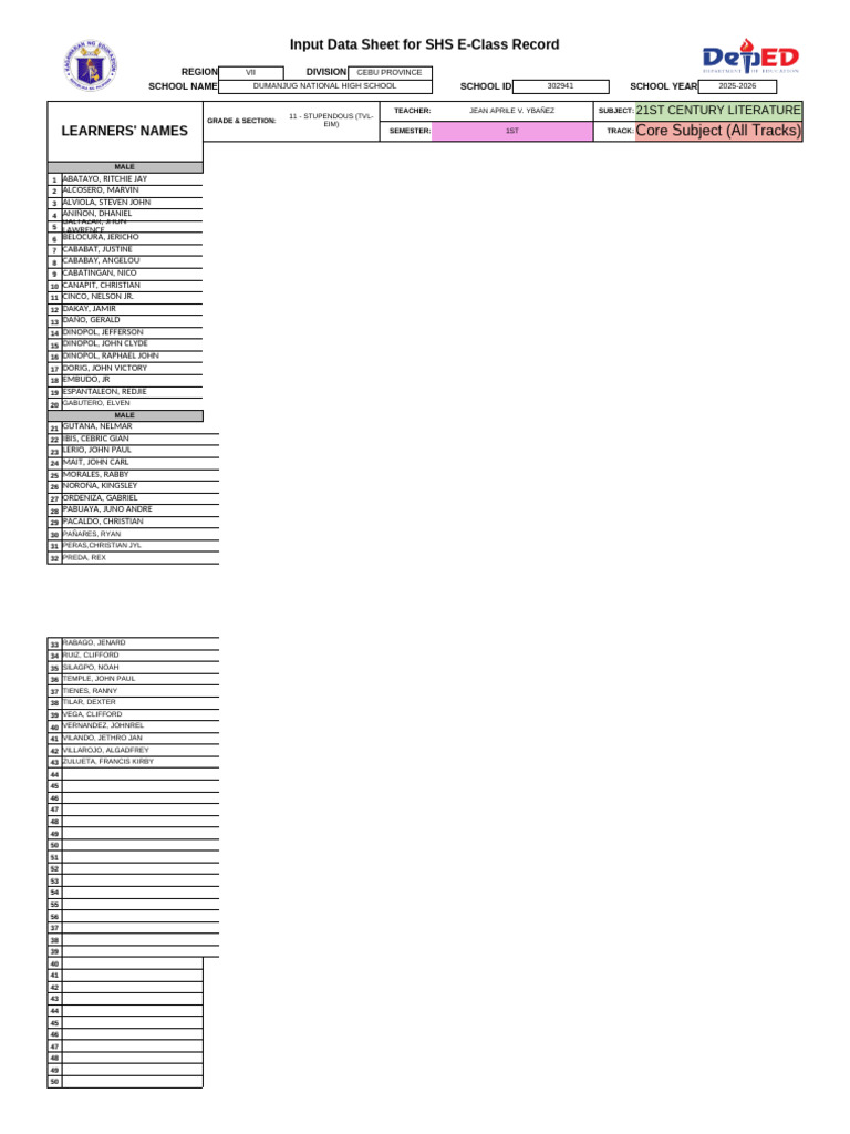 SHS E-Class Record 2025-2026 | PDF