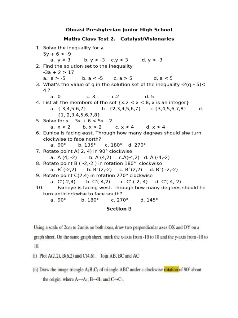 Obuasi JHS Maths Test: Inequalities & Rotations | PDF