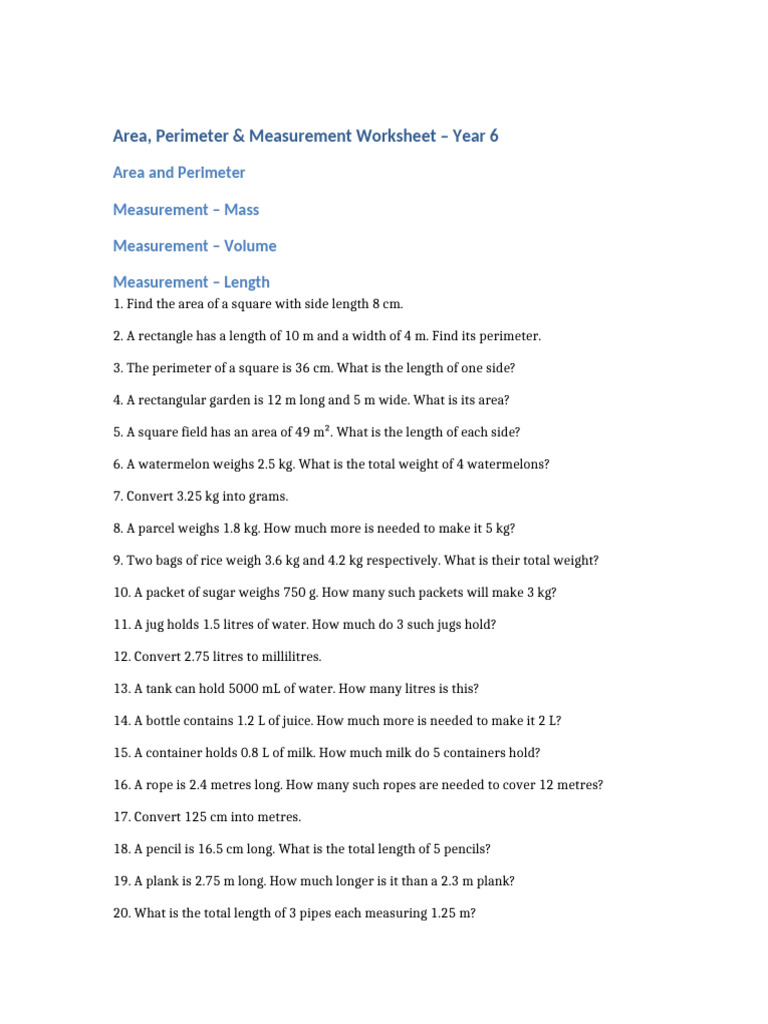Year 6 Area, Perimeter & Measurement Worksheet | PDF
