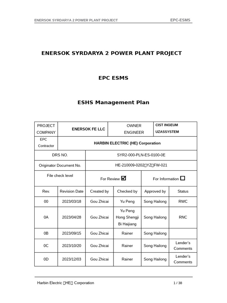 1 Syr2 000 PLN Es 0100 0e Eshs Mangement Plan | PDF | Environmental ...
