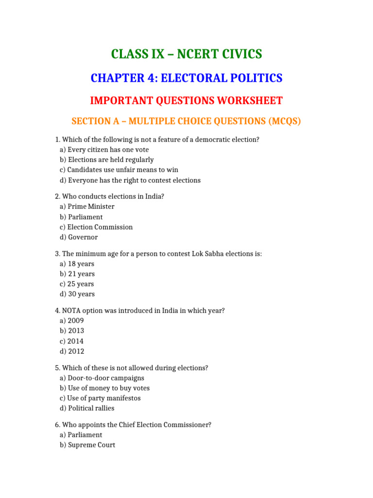 Important Questions on Electoral Politics | PDF | Political Events ...