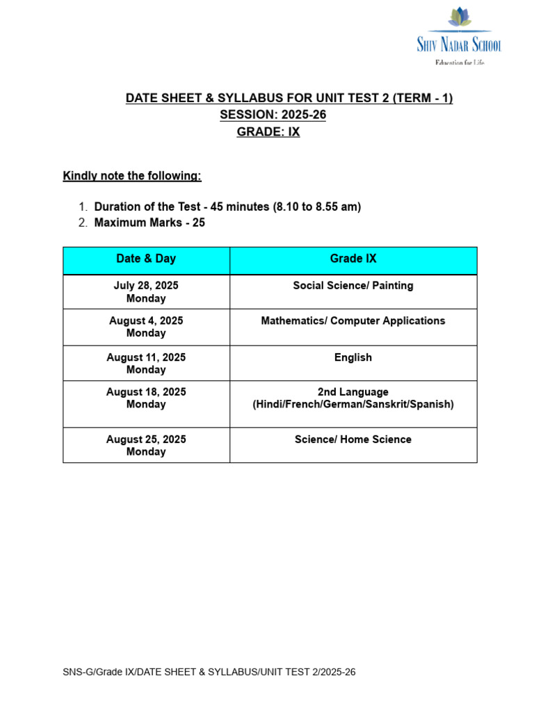 Date-Sheet & Syllabus For UT-2 Grade IX (2025-26) | PDF