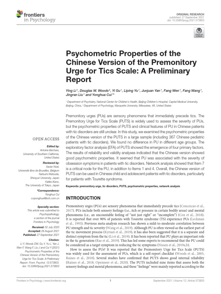 Chinese PUTS Scale Psychometrics Study | PDF | Tourette Syndrome ...