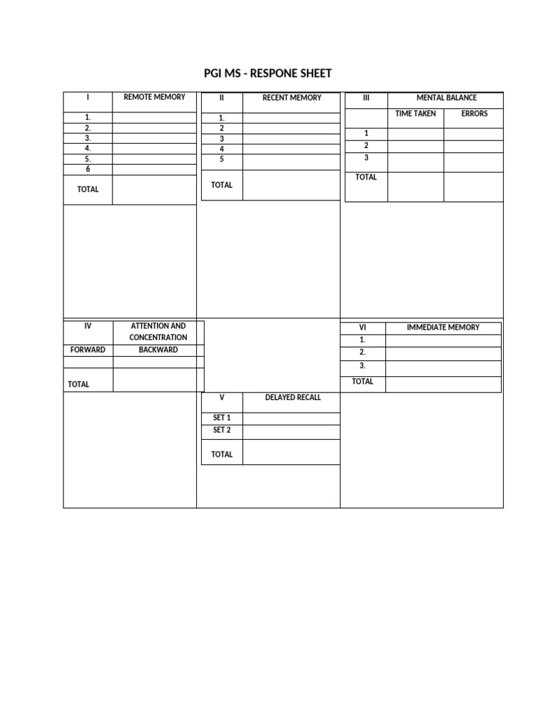 PGI Memory Scale Response Sheet | PDF