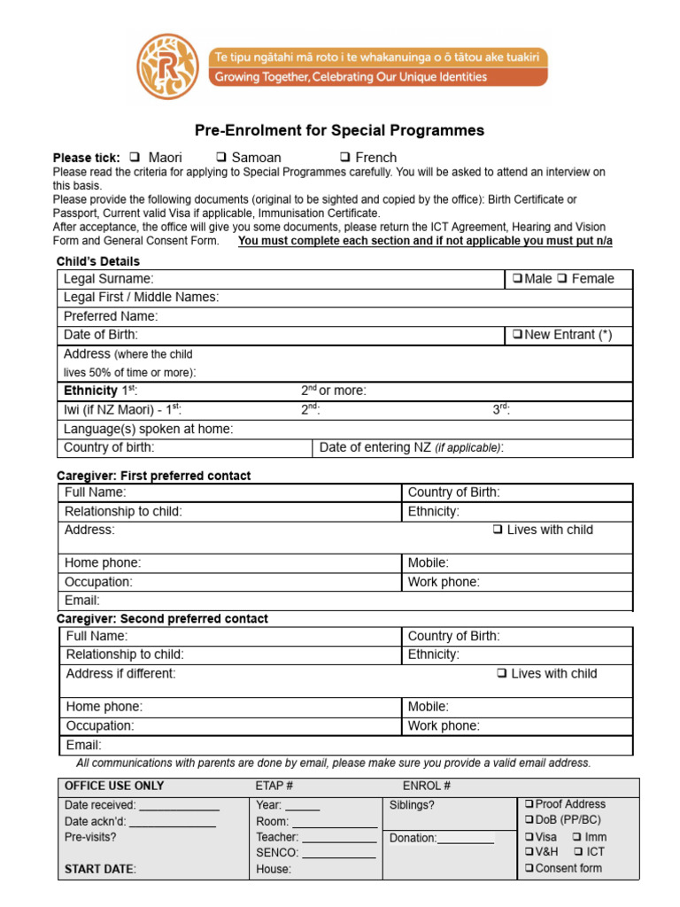 Special Programmes Pre-Enrolment Form | PDF