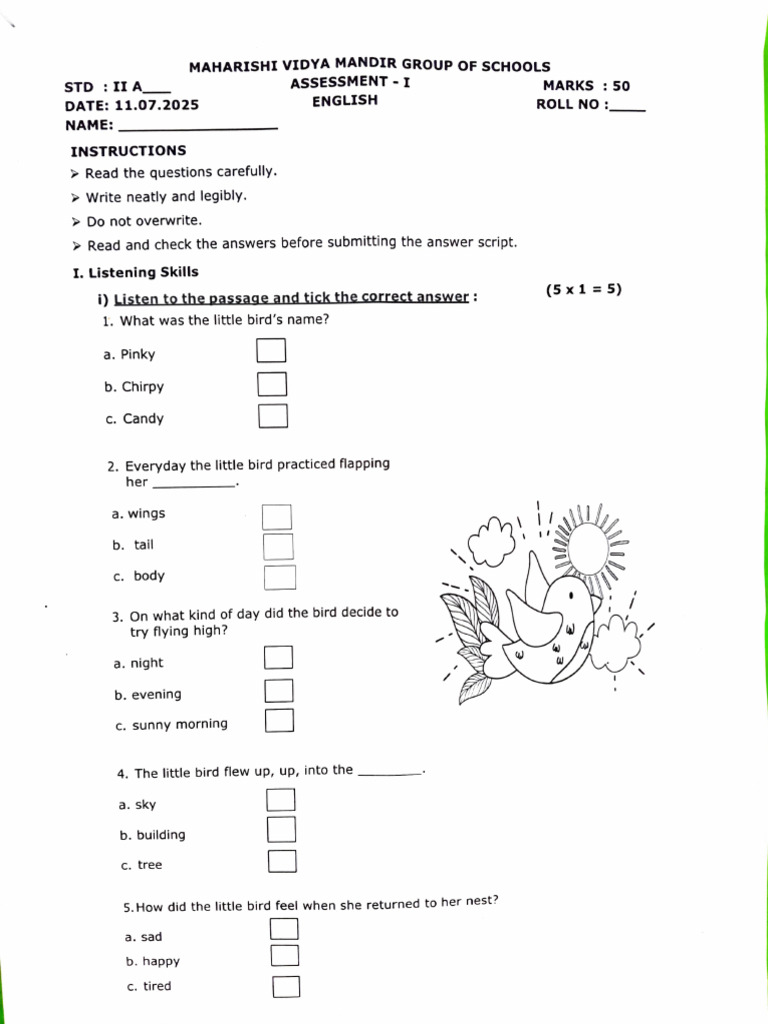 Grade - 2 English and Mathematics Assessment - 1 Question Paper | PDF ...